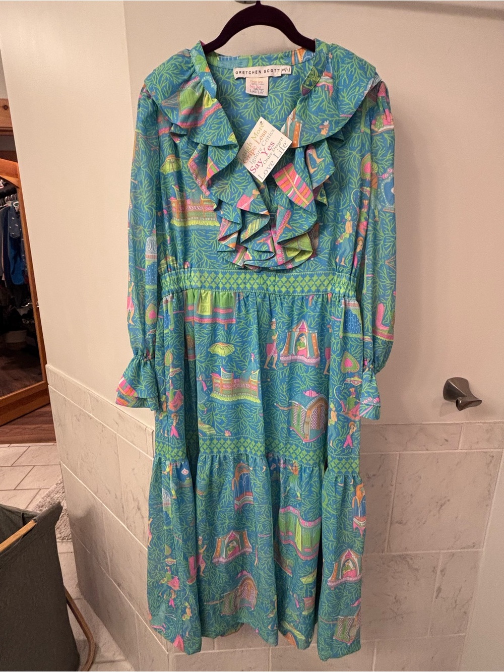 Gretchen Scott Teal Ruffled Long-Sleeve Dress